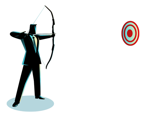 an illustration of a man in a business suit shooting an arrow at a target